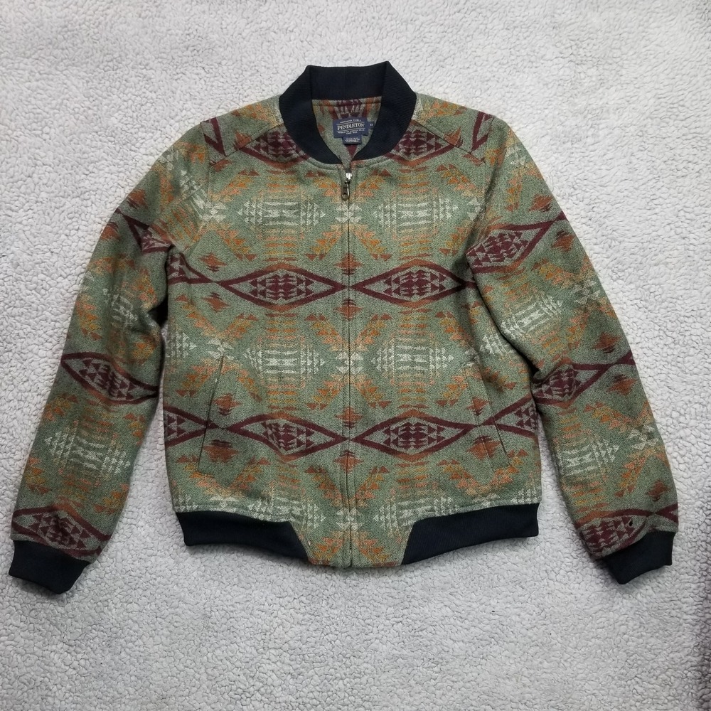 Pendleton Southwest Women's Bomber Jacket In Sage Green Jacquard Print Sz M Wool